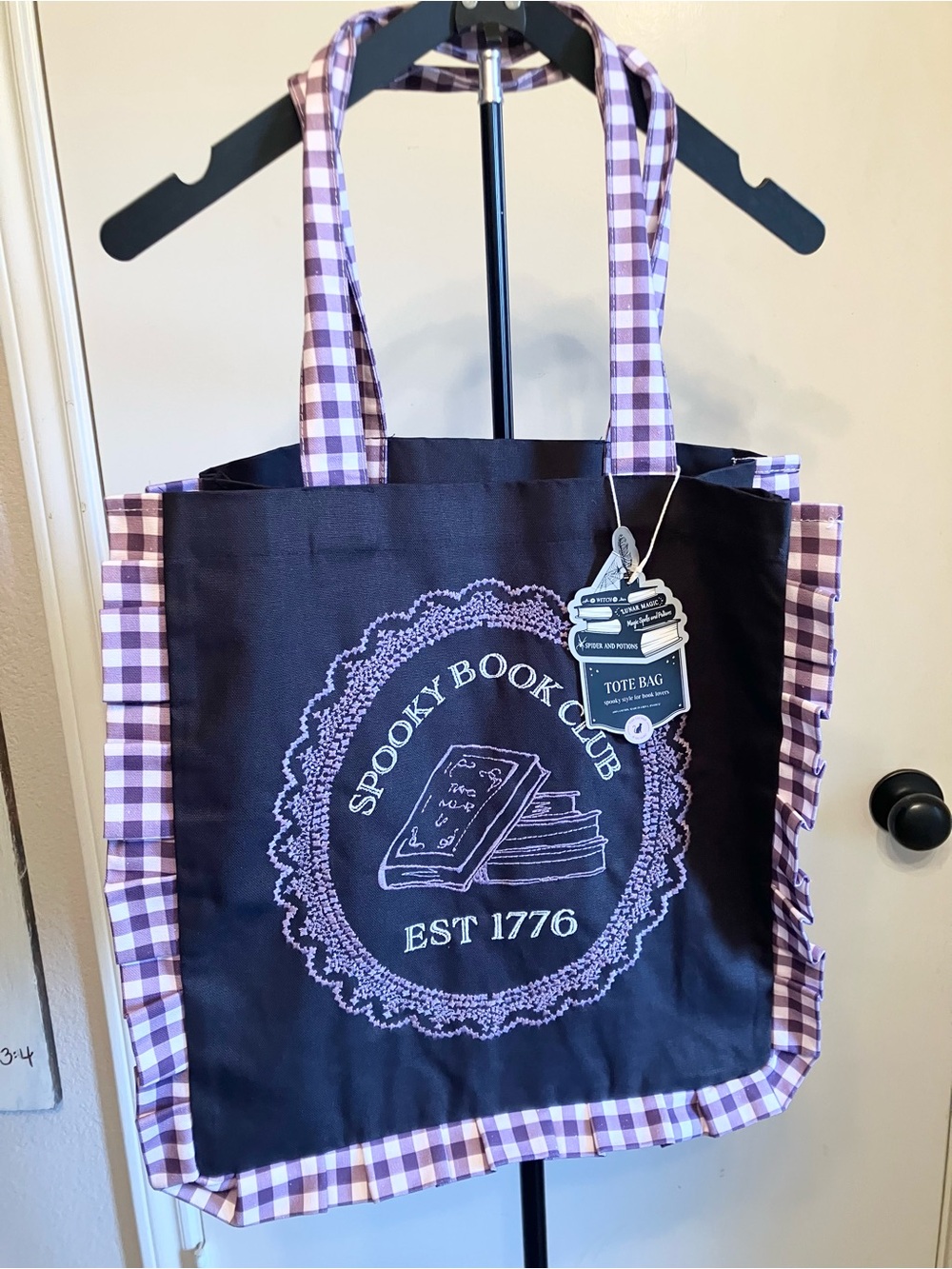 NWT Spooky Book Club Purple Gingham Ruffle Tote Bag Halloween Canvas